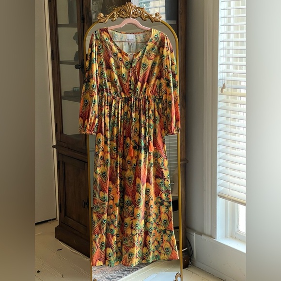 NWT Recente Sample Peacock Feather Print Boho Resort Dress with Tassels Small - Picture 3 of 7
